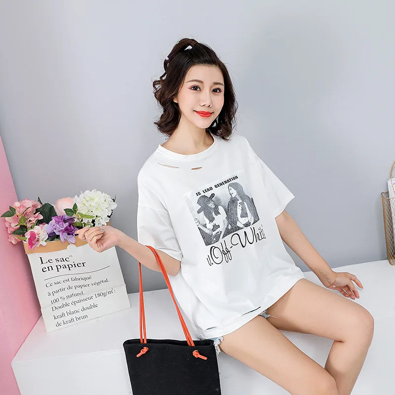 

Loose T-shirt Female 2019 Summer Korean Hole character pattern T-shirt Print Casual Cotton Short Sleeve Shirt