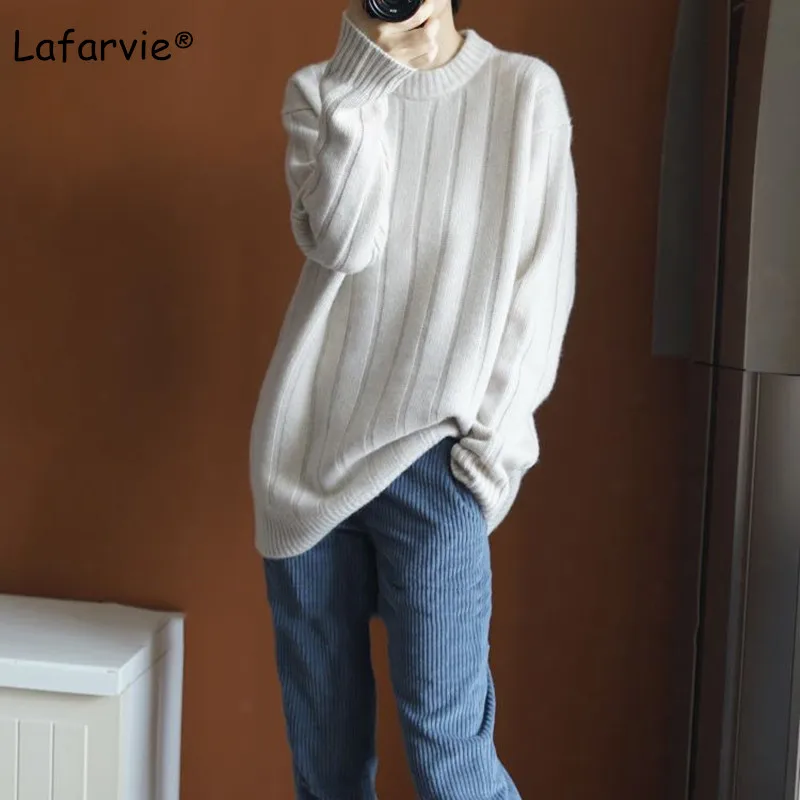 Lafarvie New 2019 Korean O-neck Thick Knitted Cashmere Sweater Women Autumn Winter Loose Long Pullover Knitting Sweater Jumper