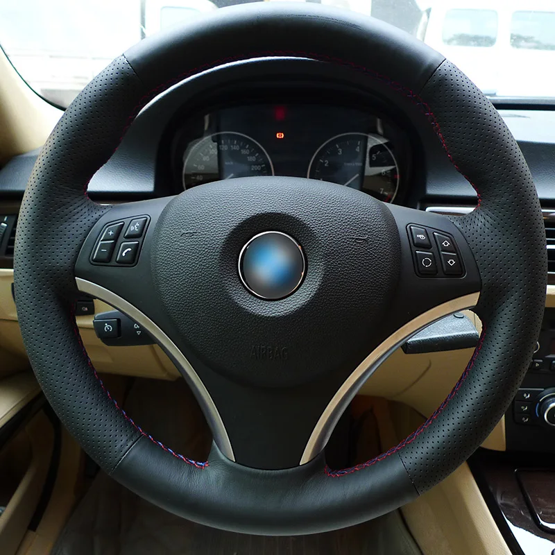 Блестящие пшеницы ручной работы черный топ Слои кожаный чехол руль для BMW E90 325i