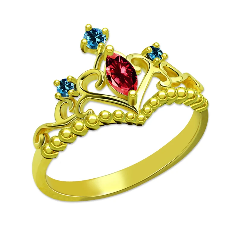 AILIN Unique Birthstone Princess Tiara Ring Gold Color Customized Crown Ring Women Jewelry