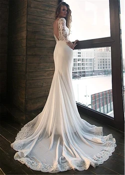 

Attractive Long Mermaid Lace Appliques Long Sleeves Open Back Muslim Arabic Wedding Dress Boho Sofuge Vestido De Noiva