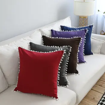 

Polyester Cotton Plain Dyed Square Handmade Decorative Pillow Covers Christmas Cushion Covers With Pompoms,No Inner