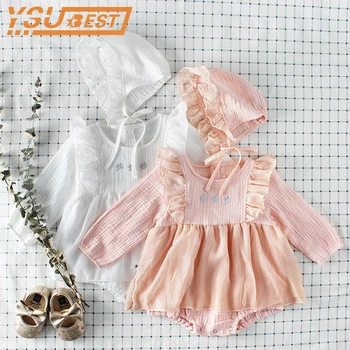 

2018 Baby Girls Rompers + Caps 2pcs Autumn Toddler Baby Girl Rompers Cotton Lace Princess Kids Girl Clothing Sweet Kids Clothes