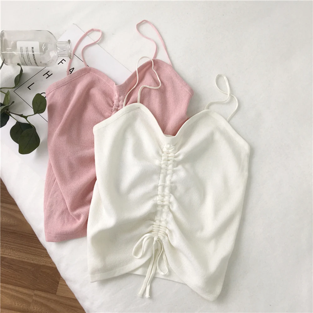 

New Women Sexy Deep V-Neck Backless Off-Shoulder Drawstring Knit Camis Female Summer Bottoming Outside Wearing Camisole Crop Top