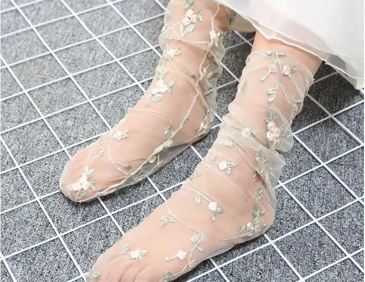 1 Pair Summer Transparent Mesh Bright Sexy Fishnet Long Sockings Loose Fashion Flower Printed Funny Women's Glass Socks