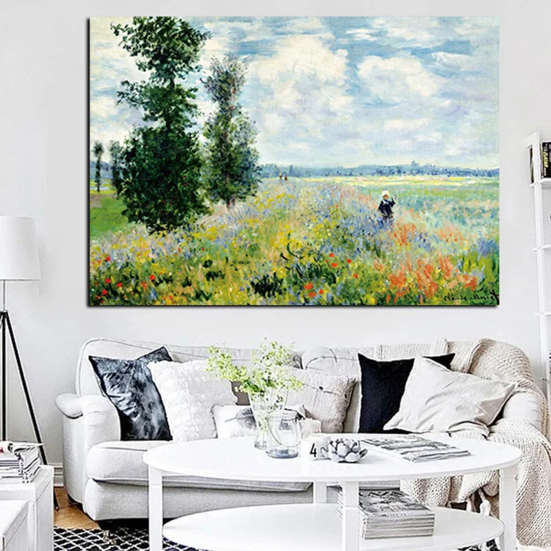 Print Claude Monet Poppies at Argenteui Landscape Oil Painting on Canvas Art Wall Picture Impressionist for Living Room Cuadros