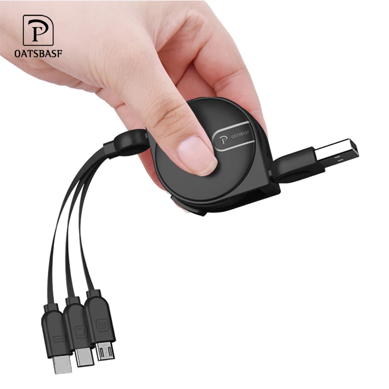 

OATSBASF 1m max length 3 in 1 Retractable USB Fast Charging Type C Cable for iPhone XS max X XR XS 7 Plus With Micro USB Cable