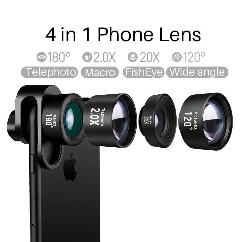 Cell Phone Camera Lens 4 in 1 Kit 20X Macro Lens+2.0X Zoom