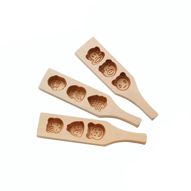 Hot 3 Patronen Solid Houten Ijs Huid Maan Cakevorm leuke Cartoon Mungboon Pompoen Pasta Snack Cakevorm Decorating gereedschap