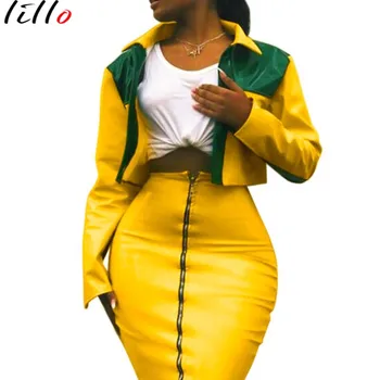 

Fashion suit Autumn New Explosion models Women's Yellow Gleaming Leisure Two-piece Long-sleeved zipper stitching High waist Lape