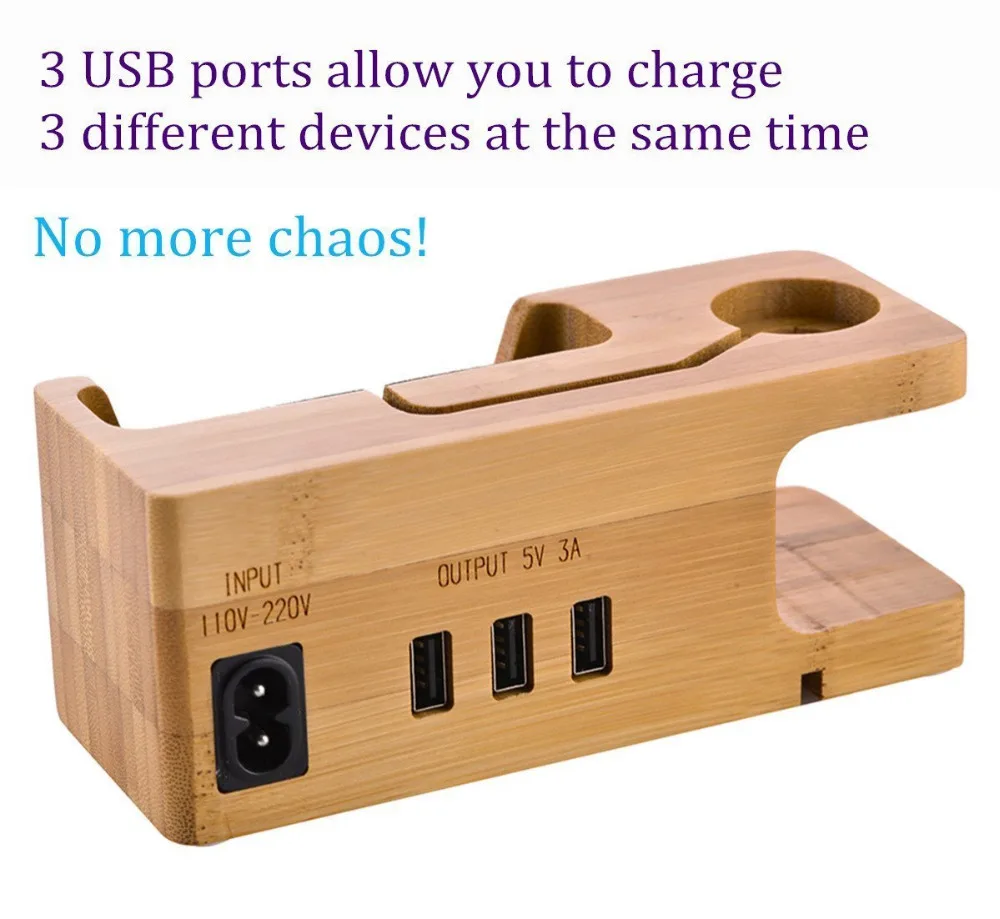 3 А 3-портовая USB бамбуковая деревянная зарядная станция двойная зарядная станция для Apple Watch и всех Iphone usb зарядная станция