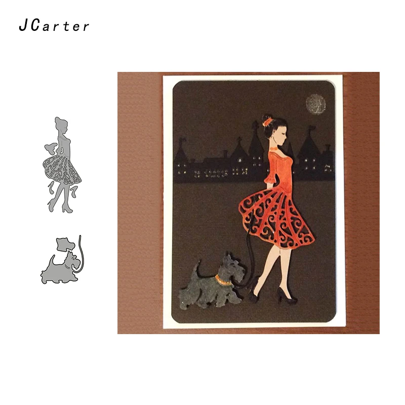 

JC 2019 Metal Cutting Dies Craft Cut Die Woman Walking Holding Dog Dies Stencil Scrapbook DIY Handmade Album Paper Cards Decor