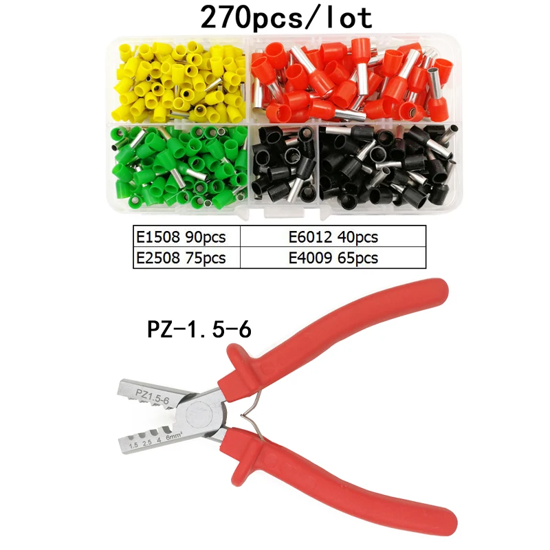 

VSELE 270pcs/lot tube insulating terminals E1508 E2508 E4009 E6012 PZ-1.5-6 pliers 1.5-6mm2 wire crimp terminal connector