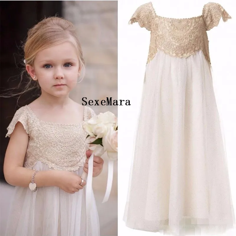 

Champagne Lace Flower Girl Dresses Scoop Neck Floor Length Appliques Kids Wedding Party Gowns Communion Dresses Hot Sale