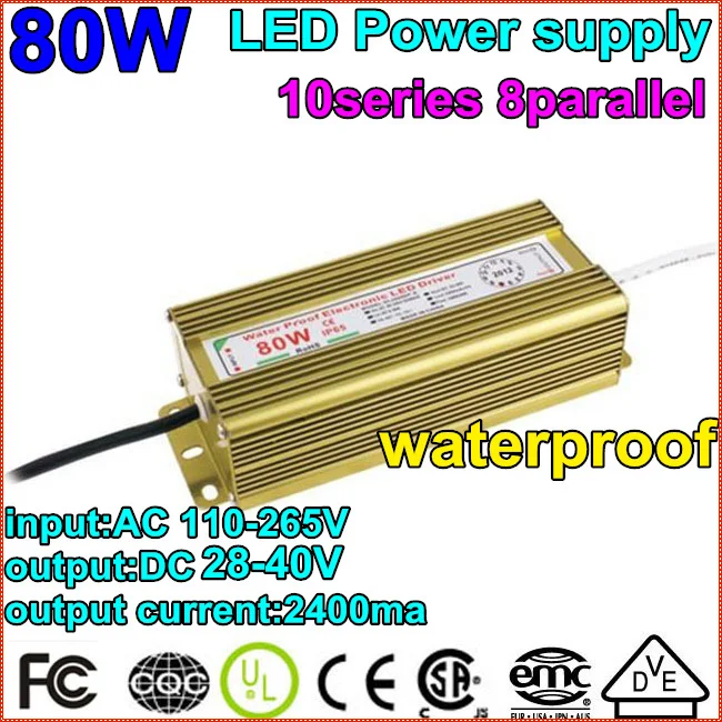 

2pcs/lot1X80W Waterproof Constant Current Driver 10series8parallet80w ball LED Driver Power Supply 85-265V to DC20-40V Wholesale