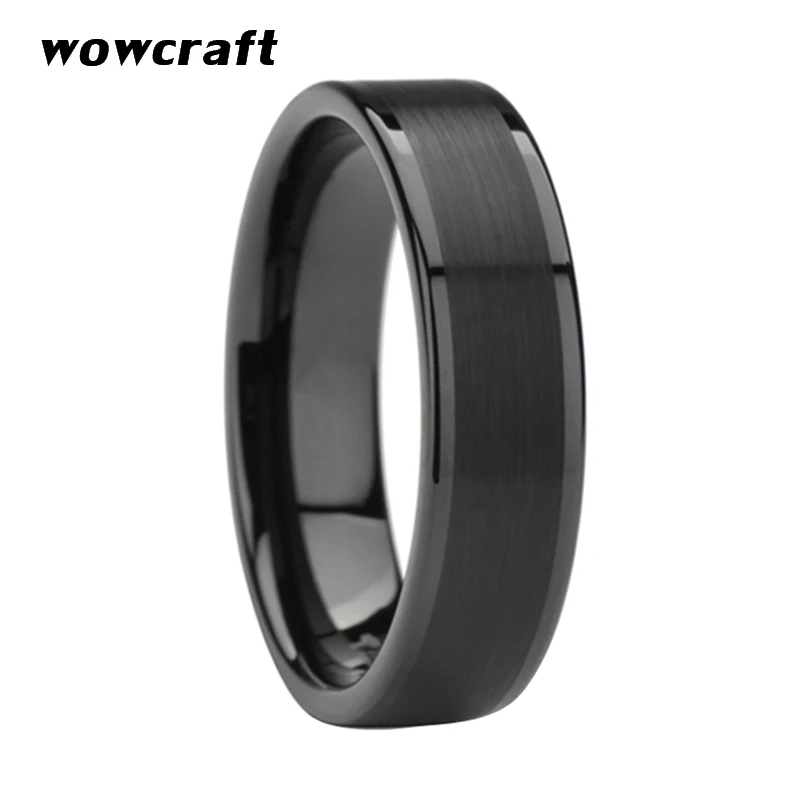 Mens Black Tungsten Carbide Ring Women Wedding Band Flat Brushed Polished Finish Comfort Fit