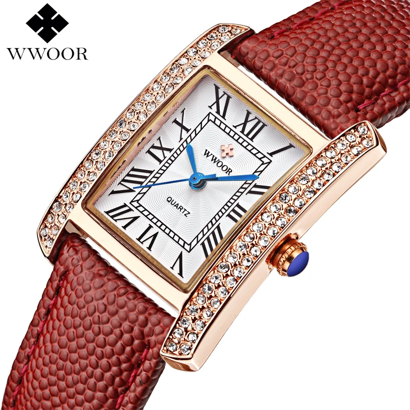 Koop WWOOR Brand Luxe Vrouwen Horloges Vierkante Jurk Dames Quartz Horloge Vrouwen Diamant Lederen Band Polshorloge Rode Klok Montre Femme