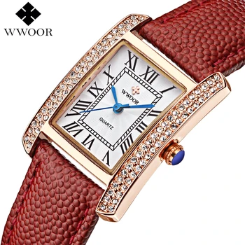 

WWOOR Brand Luxury Women Watches Square Dress Ladies Quartz Watch Women Diamond Leather Strap Wrist Watch Red Clock Montre Femme