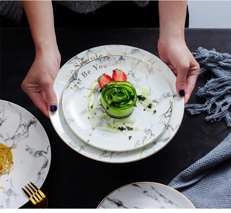 Marble Texture Inlaid with Gold Edge Ceramic Plate Disk Flat Dish Customized Wholesale Loucas Porcelana Dishes and Plates Sets 