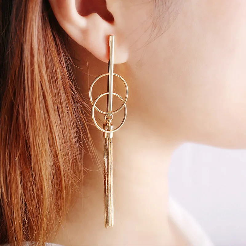 Women Gift Gold Plated Filled Jewelry Brand Ombre Tassel Earrings Long Chain Geometry Circle Drop Dangle Tassel Stud Earrings  (2)