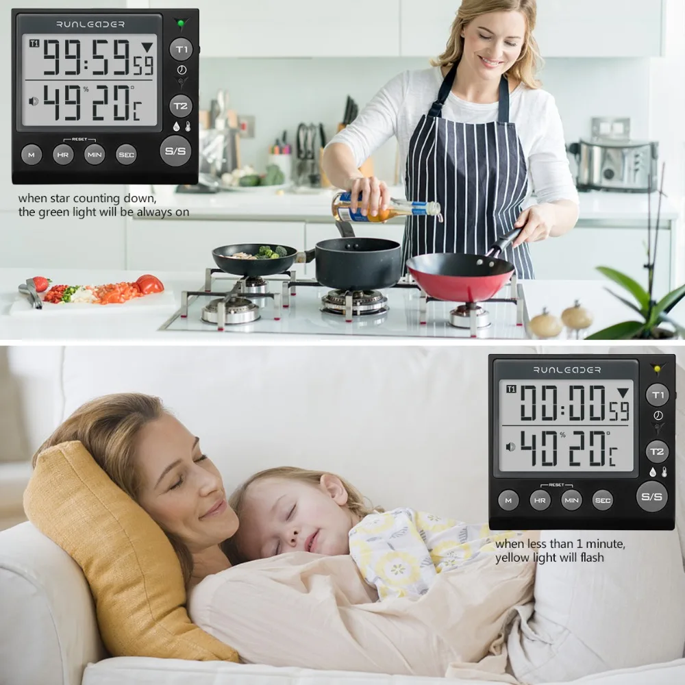 Digital Kitchen Timer Cooking Timers  timer kitchen digital timer alarm timer countdown timer kitchen timer for kids 2-channel flashing kitchen timer Indoor temperature and humidity meter3