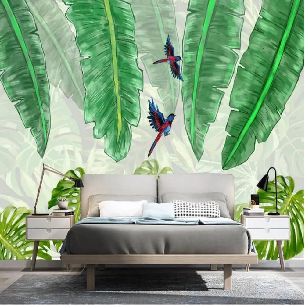 

HD Hand Painting Tropical Wallpaper Mural Bird Wall Paper Rolls for Bedroom 3d Photo Nature Rain Forest Leaves Murals