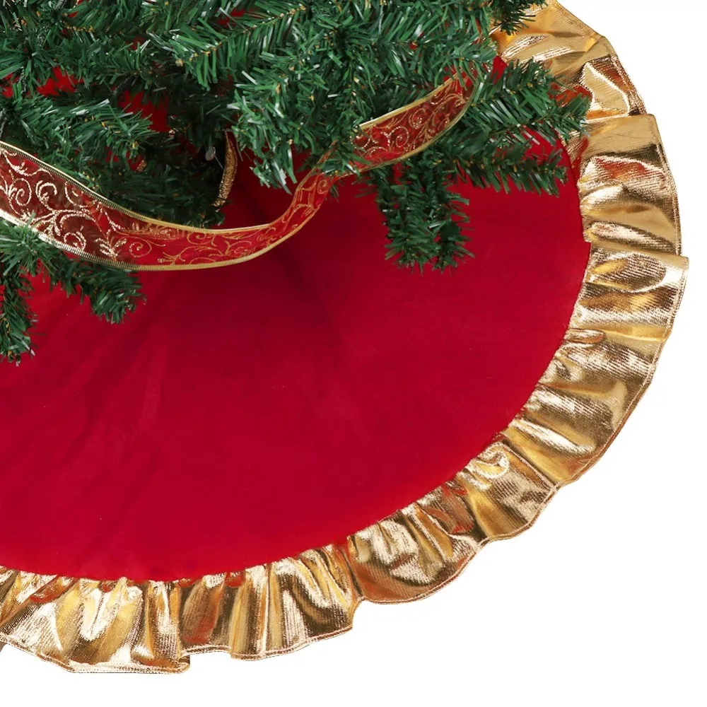 Теплая Красная рождественская юбка 90 см с золотым краем и рюшами для рождественских украшений для дома Новогоднее украшение