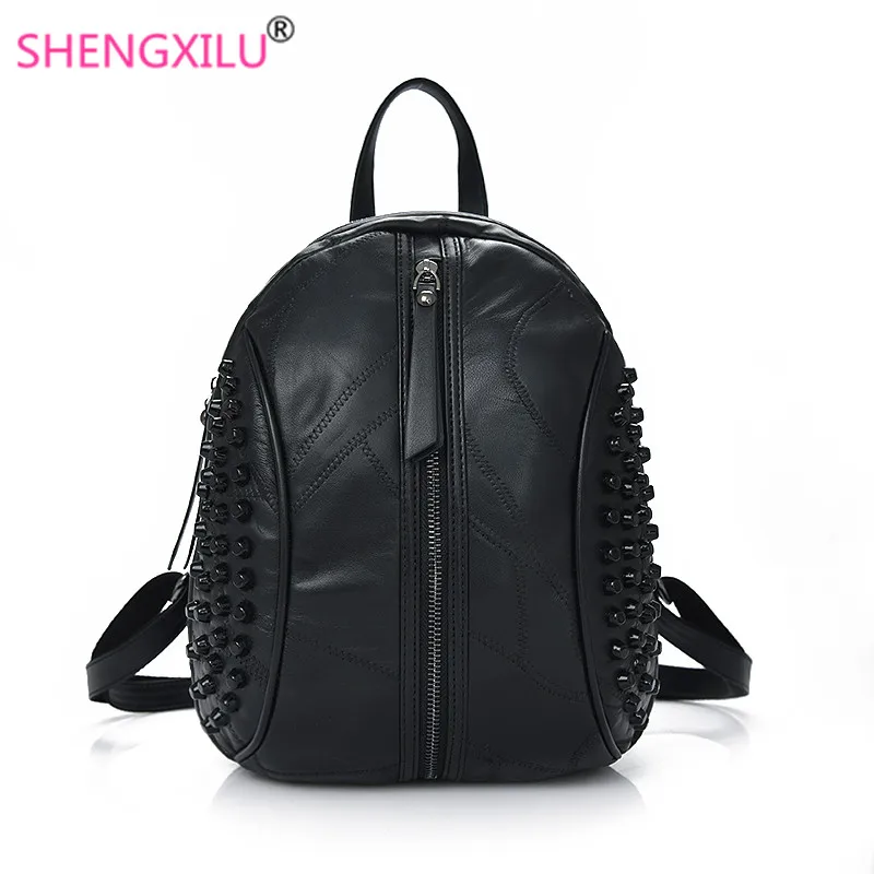 

Shengxilu Rivet Sheepskin Women Backpacks Genuine Leather Preppy Style Female Backpack for Women 2019 Travel Mochila Feminina