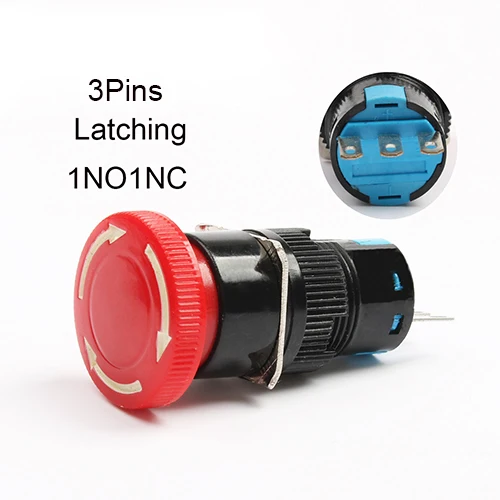 16mm Emergency Stop Rotary Push Button Switch Turn lock 1NO1NC/2NO2NC Latching self-Locking Single row/Double row e-stop switch - Цвет: 3 pins