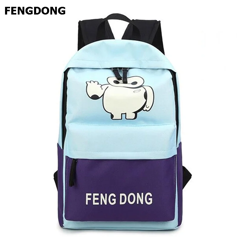 Fengdong Brand Women Backpack Canvas Cartoon Printing School Bag For Girl Fashion Preppy Style Travel Backpacks