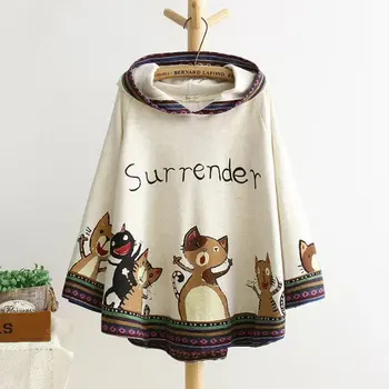 

Japanese Mori Girl Vintage Print Ethnic Pathwork Loose Boho Hooded Cloak Fleece Spring Autumn Cape Jacket Sweatshirts Pullovers