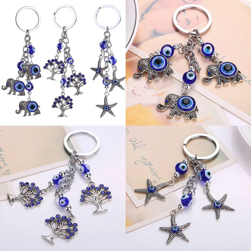 

Evil Eye Key Chain Elephant Animal Pendant Keyring For Car Handbag Keyfob Charm
