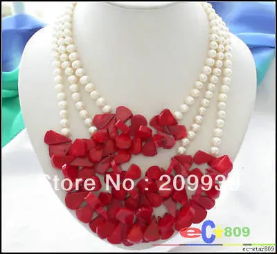 

huij 002616 3row white round freshwater pearl red coral necklace