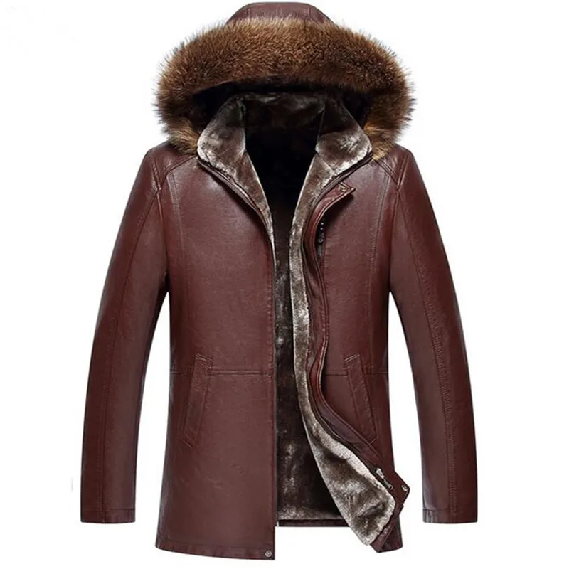 Men fur leather Animal fur Thick PU Leather Hooded Jacket Winter Warm ...
