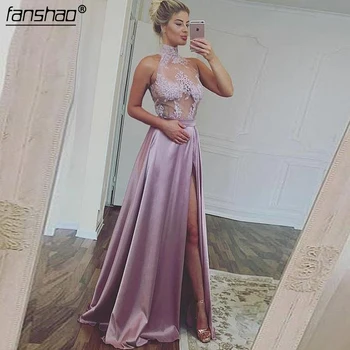 

Pink Muslim Evening Dress High neck Slit Satin Lace Illusion Islamic Dubai Saudi Arabic Long Elegant Evening Gown Prom Dress