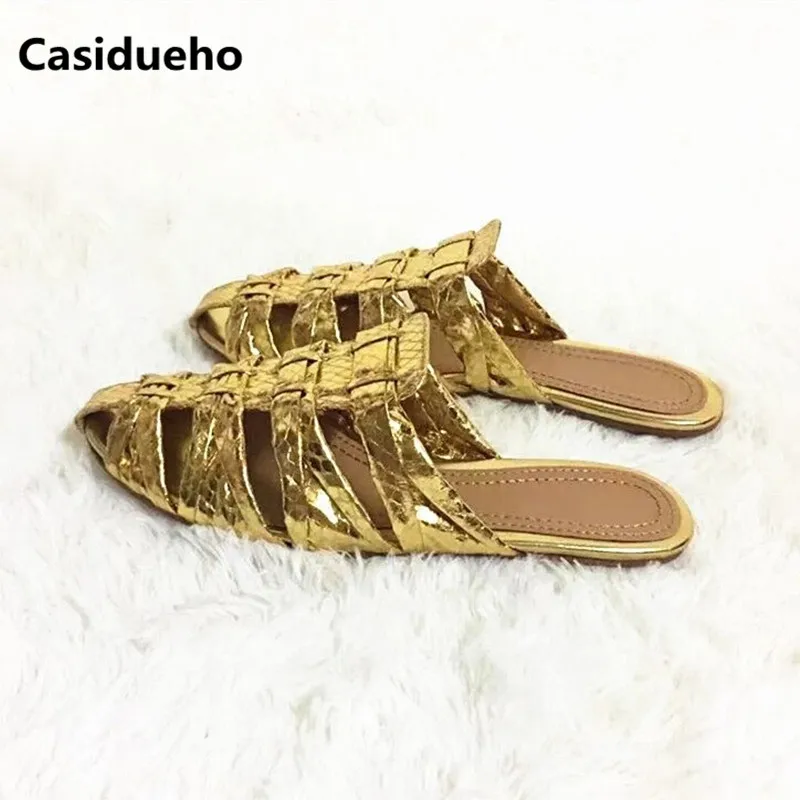 Casidueho летние дамские слипперы золотистые кожаные модельная обувь на плоской