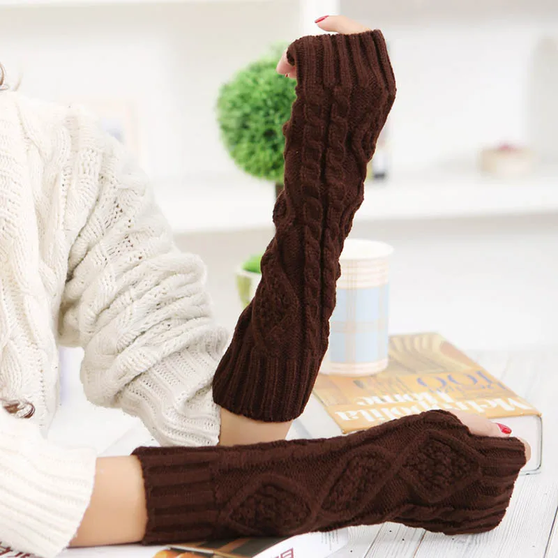 1 пара, стильные зимние весенние теплые женские перчатки, одноцветные теплые длинные перчатки без пальцев, женские вязаные шерстяные варежки, guantes mujer - Цвет: Style 1 coffee