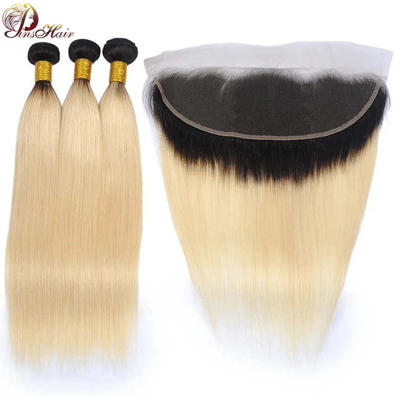 

Pinshair Brazilian Straight Hair 3 Bundles With Closure Ombre T1B 613 Blonde 13X4 Lace Frontal And Bundles Non Remy Human Hair