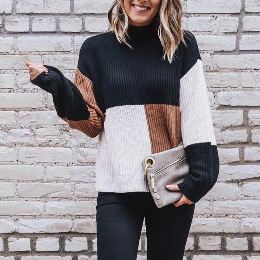 

sweaters fashion 2018 Women's turtleneck Colorblock Stand Long Sleeve Knitted Sweater Jumper Pullover Top pull hiver femme
