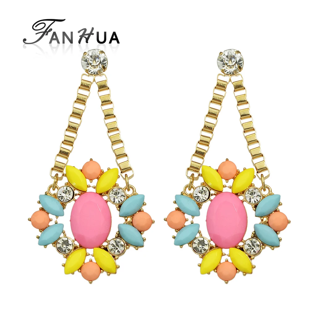 FANHUA Chandeliers Earrings Gold-Color With Rhinestone Colorful Beads Flower Party Drop For Women | Украшения и аксессуары