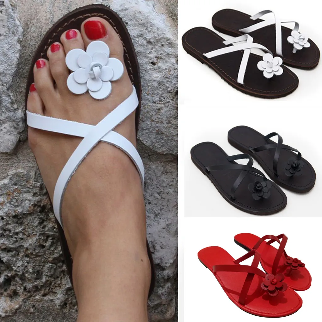 

Women's Flowers Flat-Bottomed Sandals Summer Flip-Flops Open Toe Beach Slippers Roman style slides leisure black white red 35-43