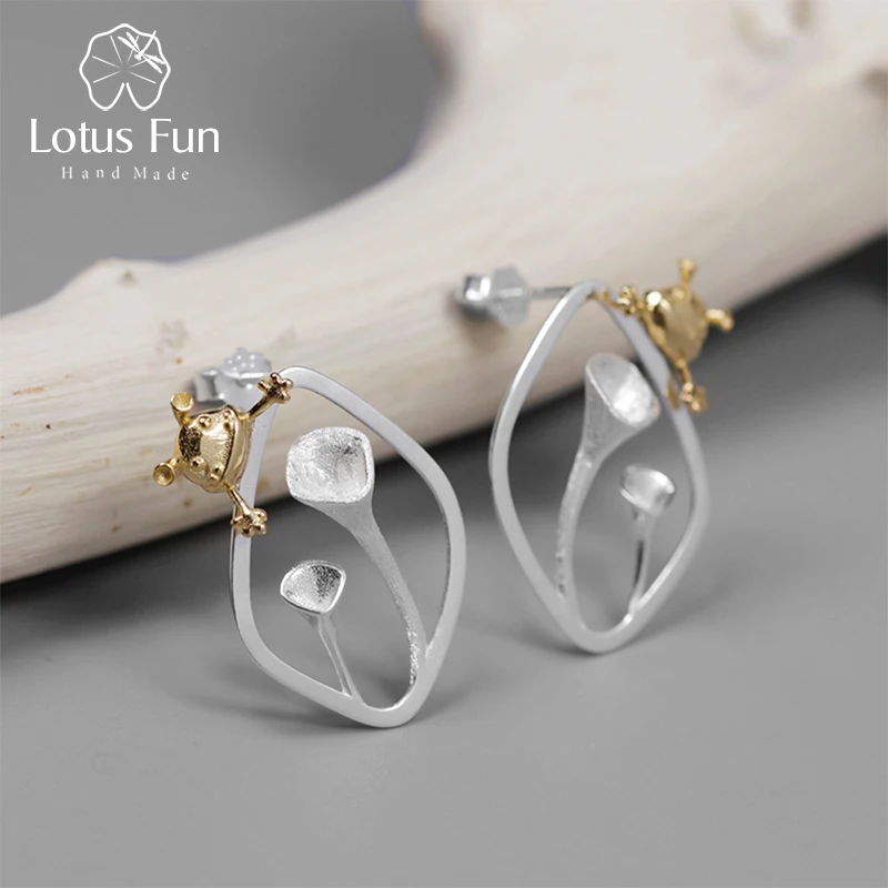 

Lotus Fun Real 925 Sterling Silver Handmade Designer Fine Jewelry Cute Little Elf in the Garden Design Stud Earrings for Women