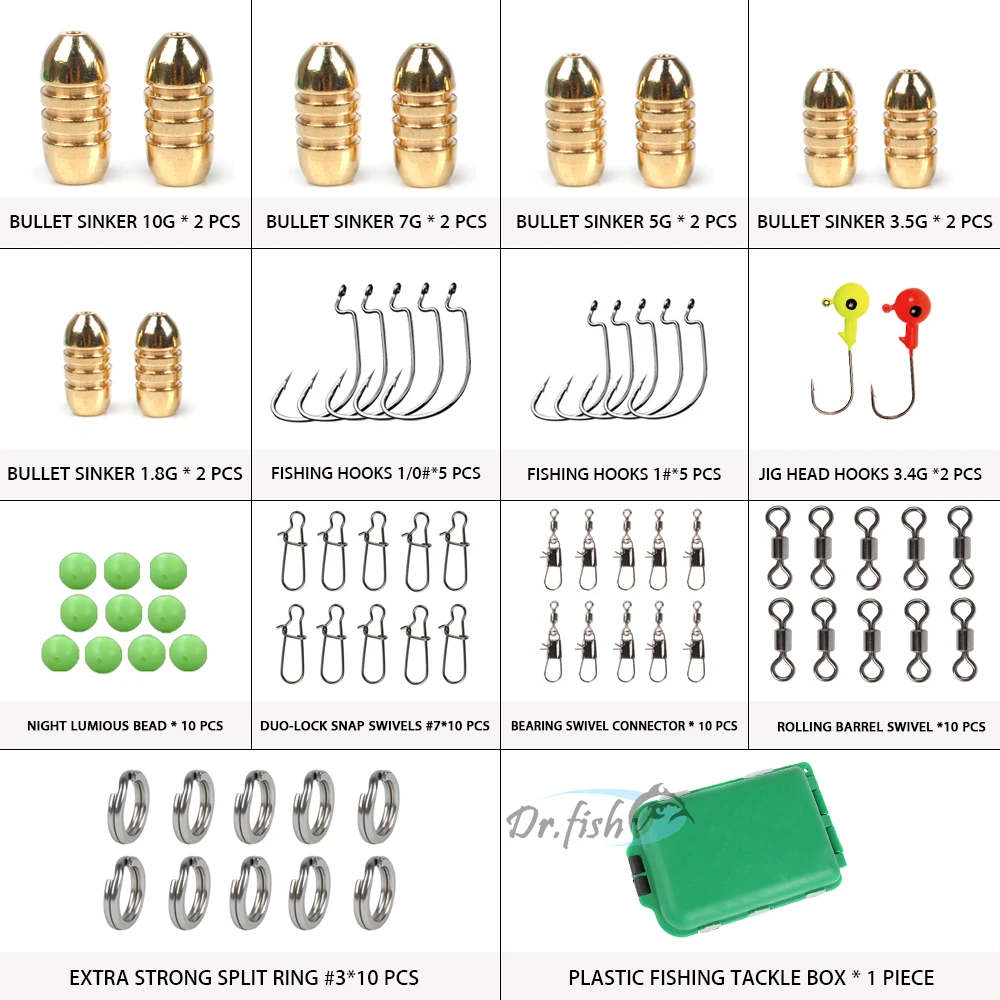 Dr. Fish 73 шт. мягкие пластиковые приманки Texas Carolina Rig Kit крючки грузики грузила поворотные защелки Сплит Кольца джиг головки