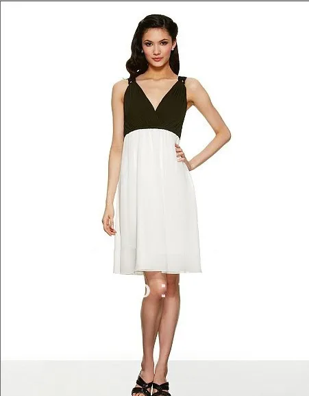 

free shipping Poly chiffon lace knee length A-line w/straps high back w/lace build-up empire waist black bodice Bridesmaid Dress