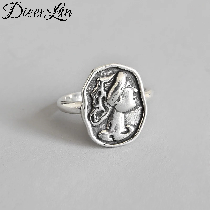 

DIEERLAN Exaggerated Personality 925 Sterling Silver Queen Rings for Women Bohemian Vintage Adjustable Antique Ring Anillos