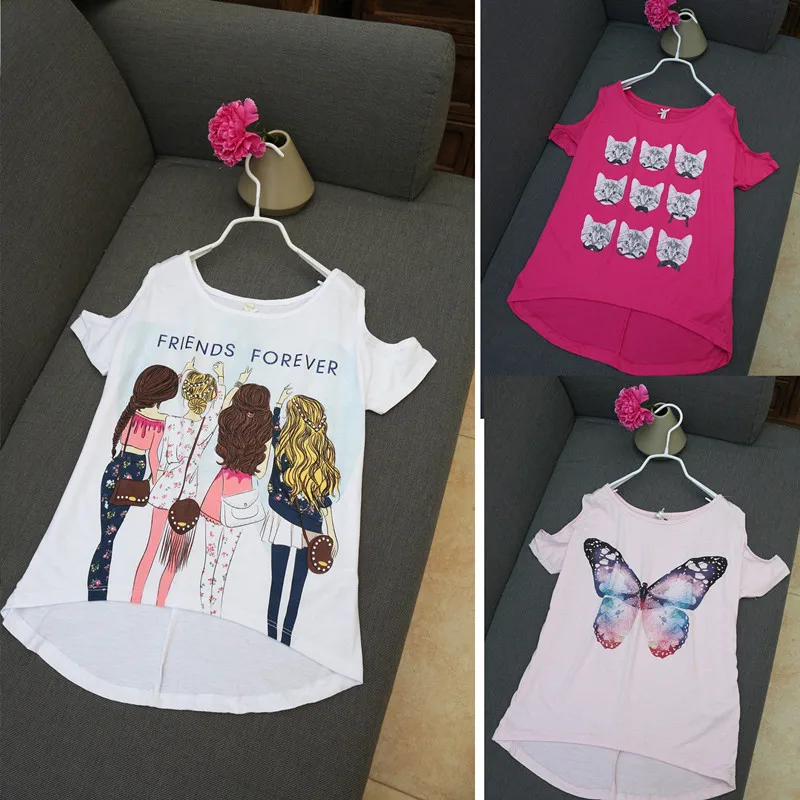 

Summer Girls Cartoon Print Small Luscious Shoulder Flying Sleeves Short Sleeve T-Shirt