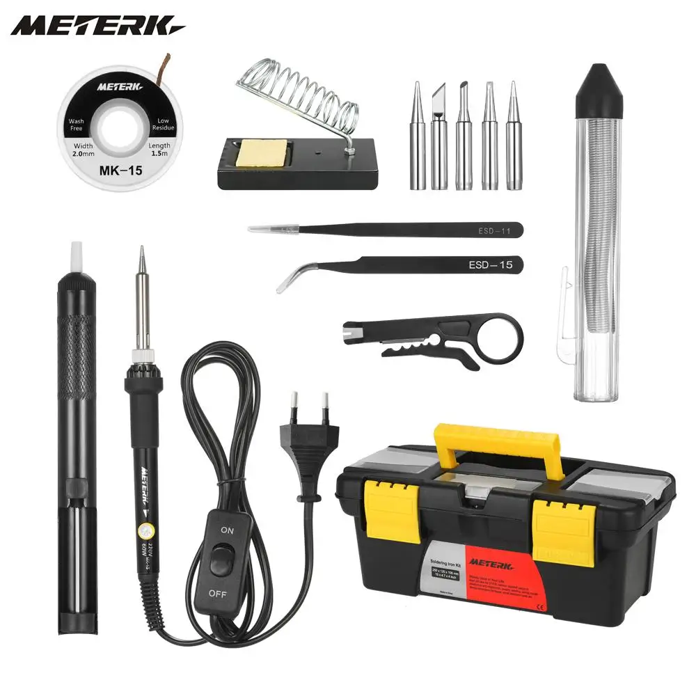 

Meterk 14 in 1 Soldering Iron Kit 60W Adjustable Temperature Welding Soldering Iron 5pcs Soldering Tips with Sponge Tool Box