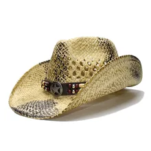 LUCKYLIANJI Ретро Женская Мужская Летняя Соломенная пляжная с широкими полями Ковбой Западный Женская Ковбойская шляпа полые звезды знак кожаный ремешок(регулируется