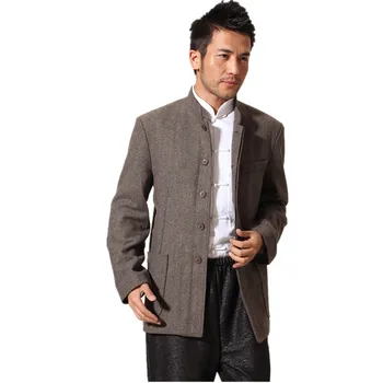 

2017 New Arrival Brown Chinese Traditional Men's Jacket Striped Wool Coat Middle-aged Chinese tunic suit S M L XL XXL XXXL