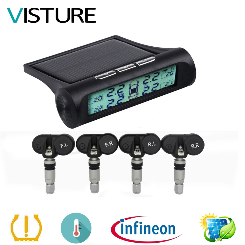 

Solar TPMS Tire Pressure Alarm Monitor System Car Display 4 External Sensor Temperature Warning Visture D01N